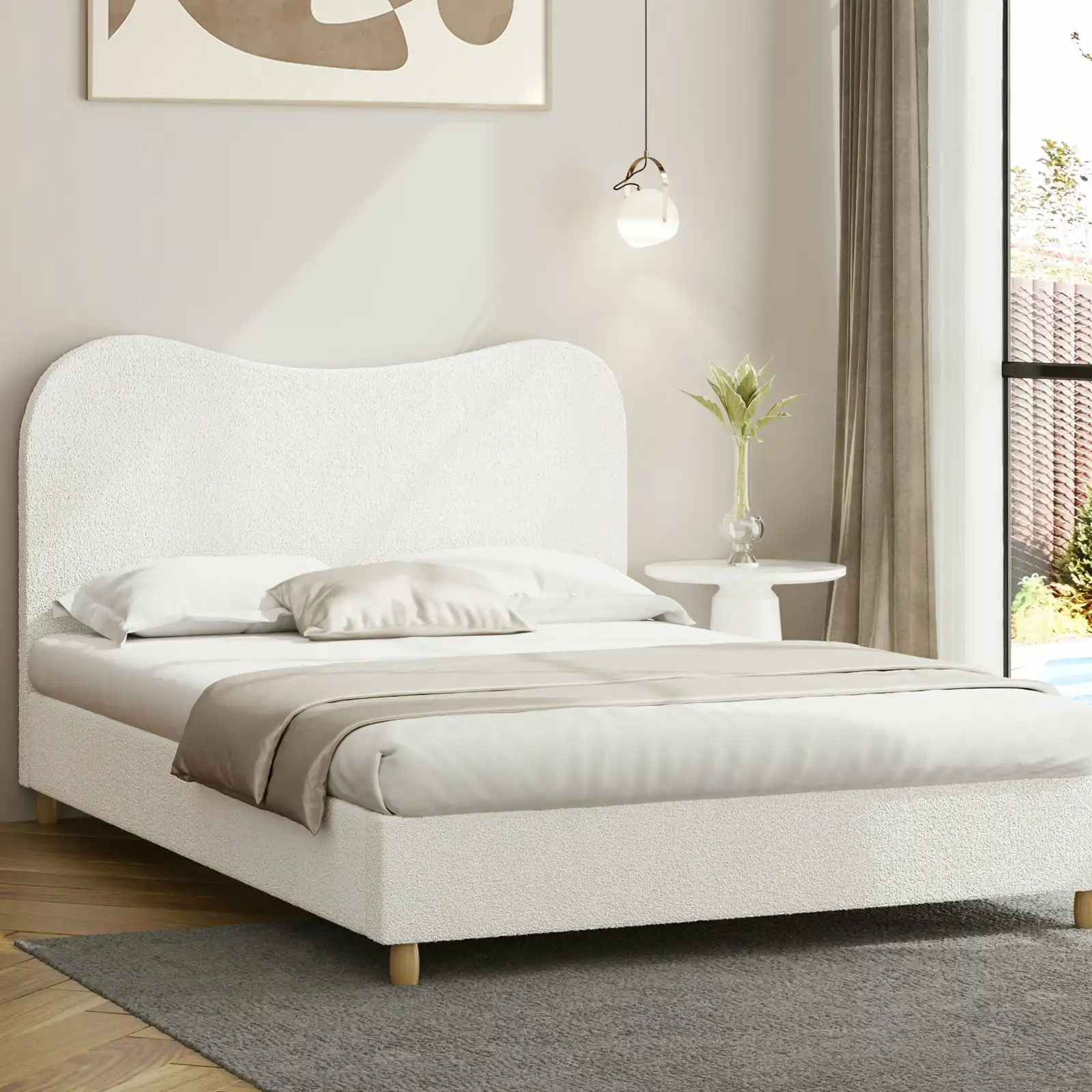Oikiture Bed Frame Double Size White Boucle Cloud Shape