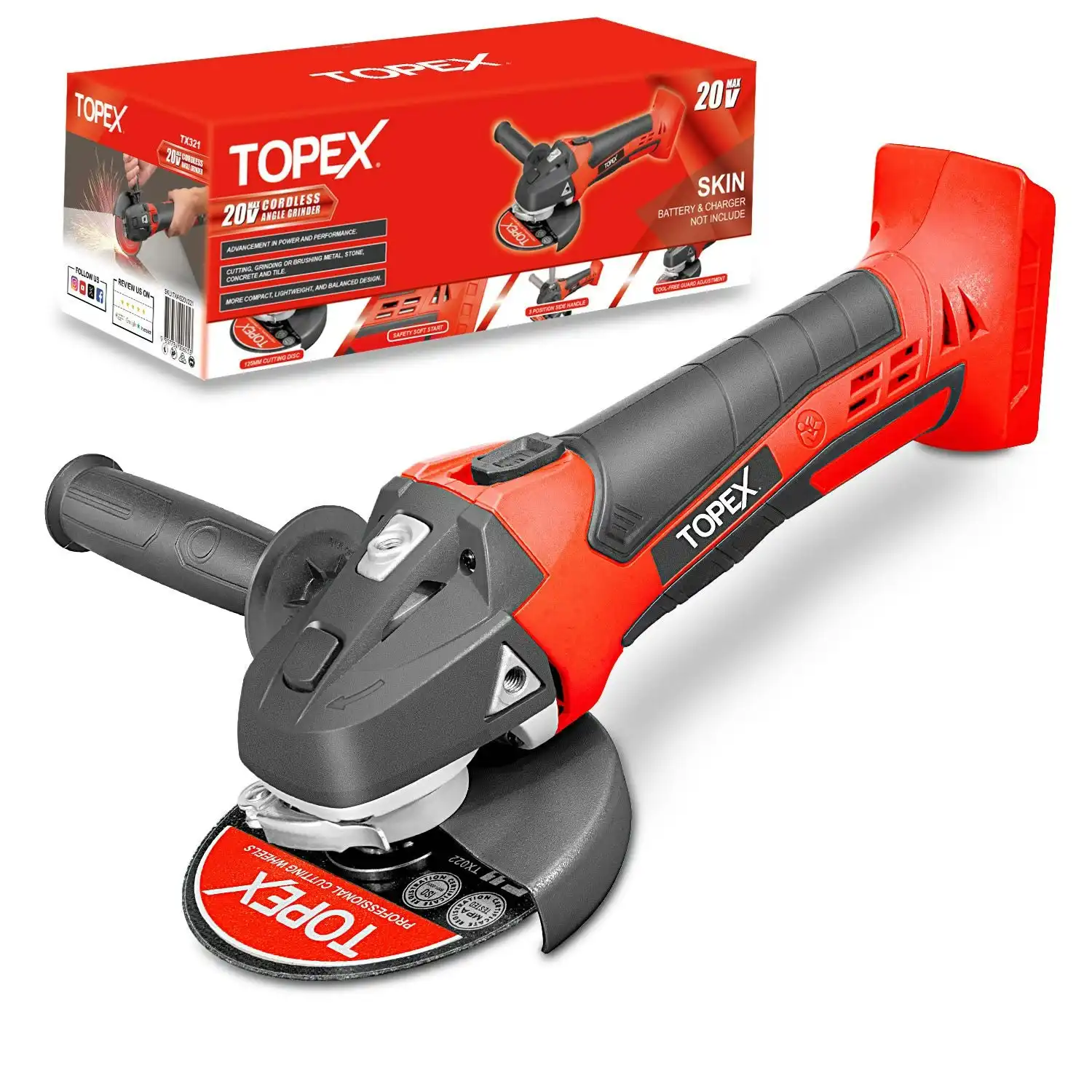 Topex 20V Cordless Angle Grinder 125mm Li-ion Grinding Cutting Power Tool Skin Only