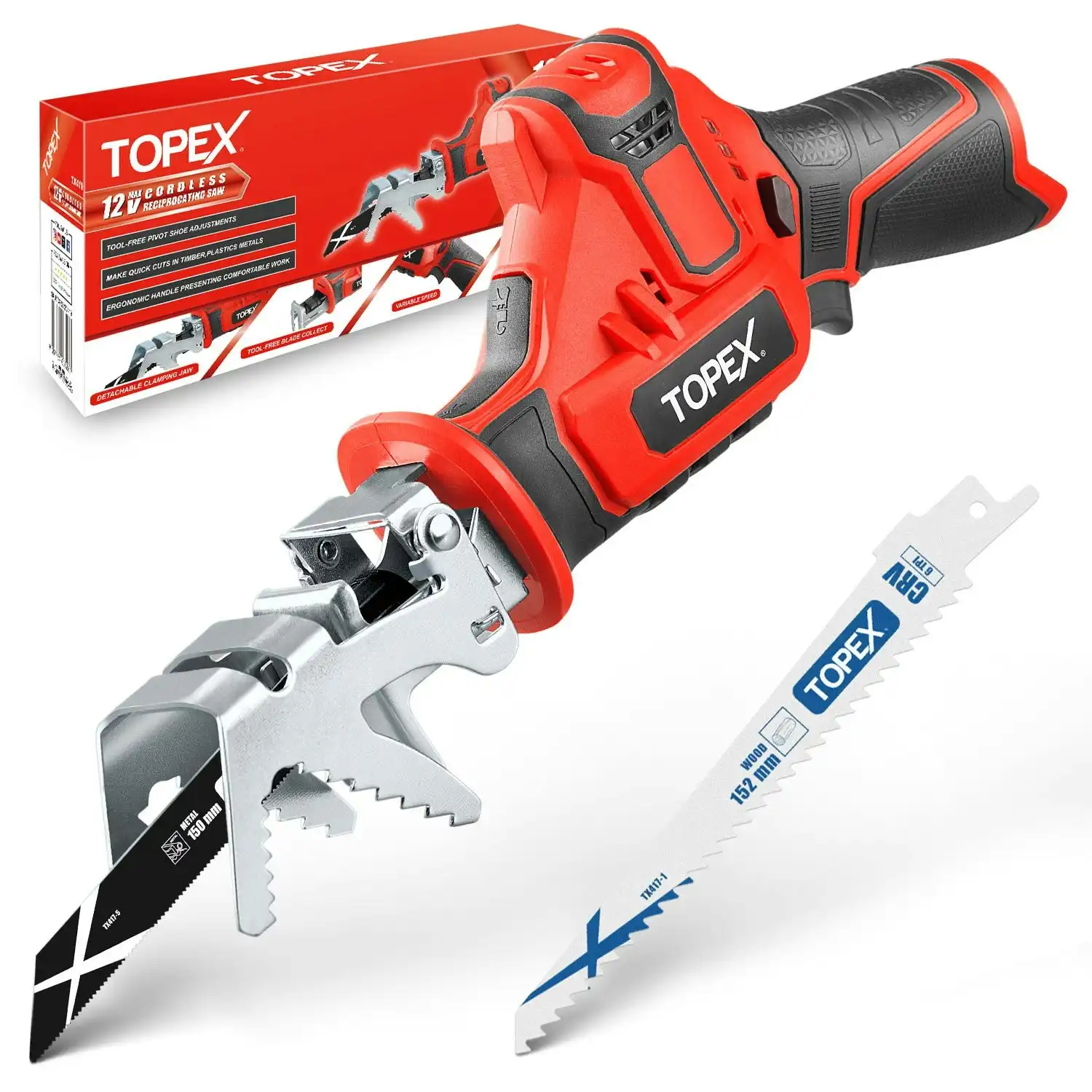 Topex 12V Cordless Reciprocating Saw w/ 2 Saw Blades & Clamping Claw Cutting Depth 65 mm Skin Only without Battery