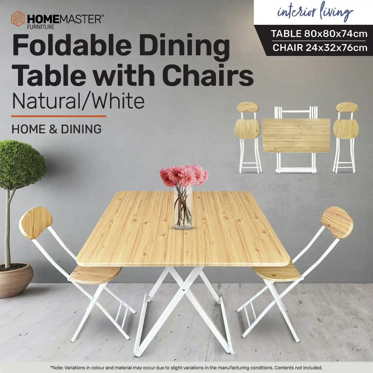 Home Master Foldable Dining Table & Chairs Indoor/Outdoor Sturdy 74 x 80cm